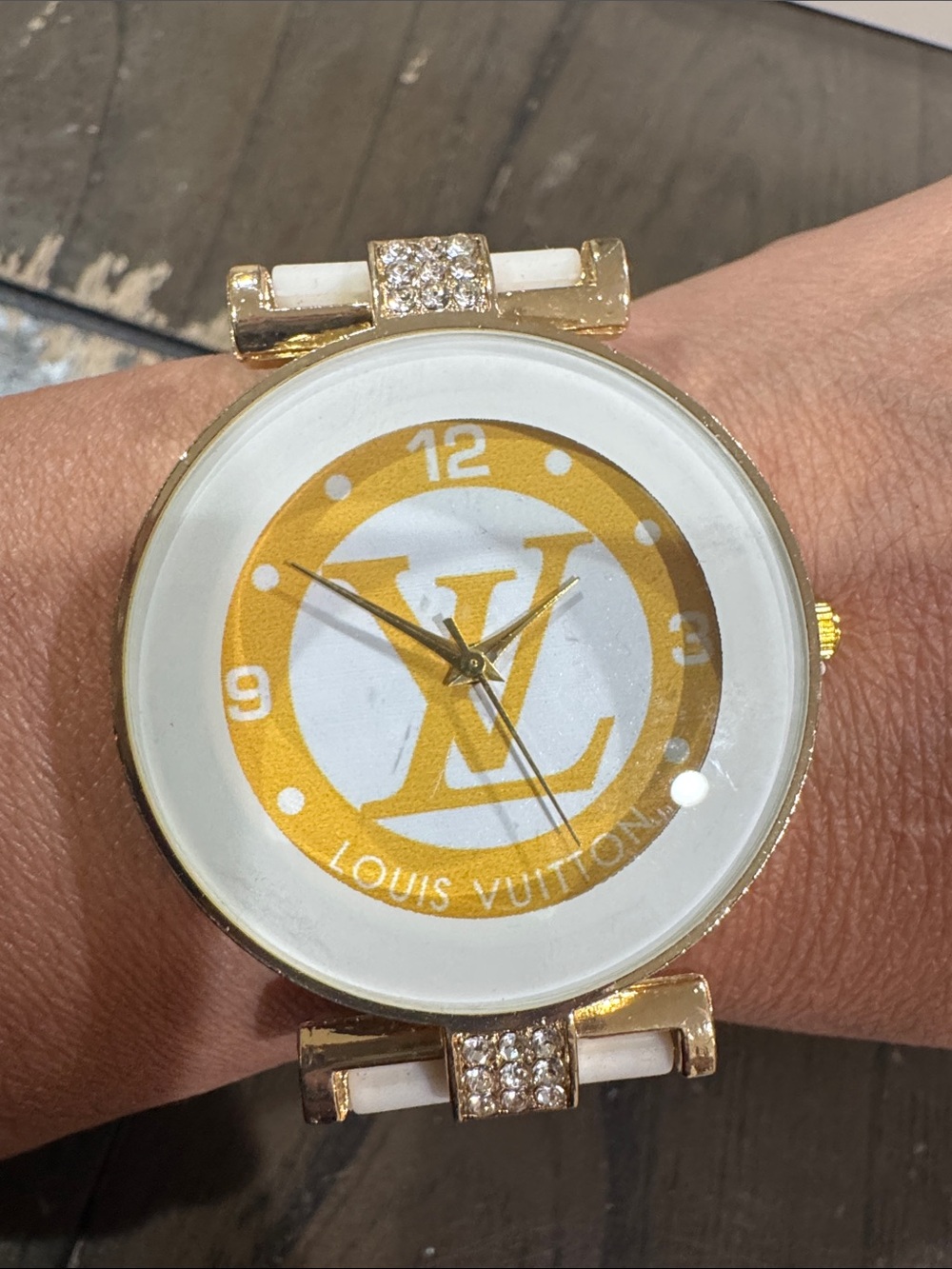 FashionVuitton Gold and White Women's Bracelet Watch with Crystal Accents